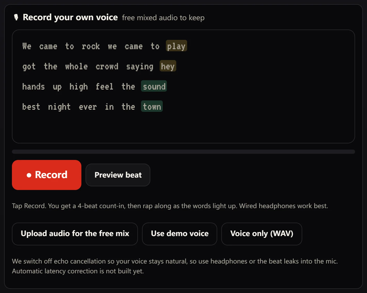 The recorder: the verse as a teleprompter with the rhymes lit, a Record button, Preview beat and the free mixed audio options