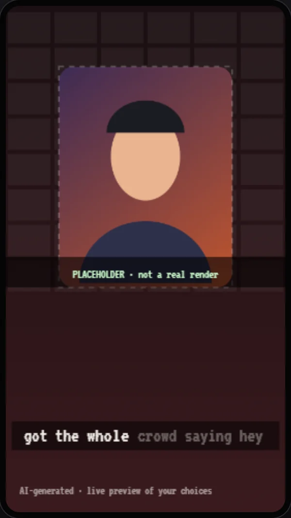 The live preview of the tool with a portrait placed on the studio stage and a caption line
