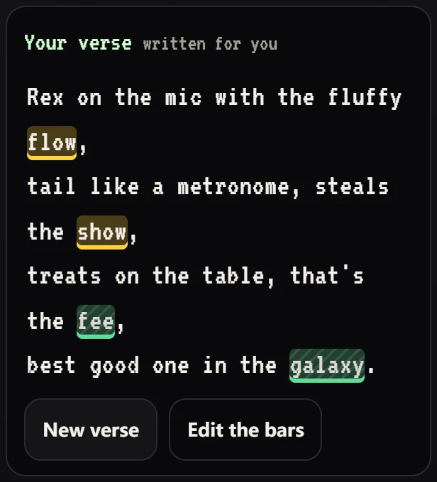 A verse written for a pet called Rex, with the rhyming words highlighted