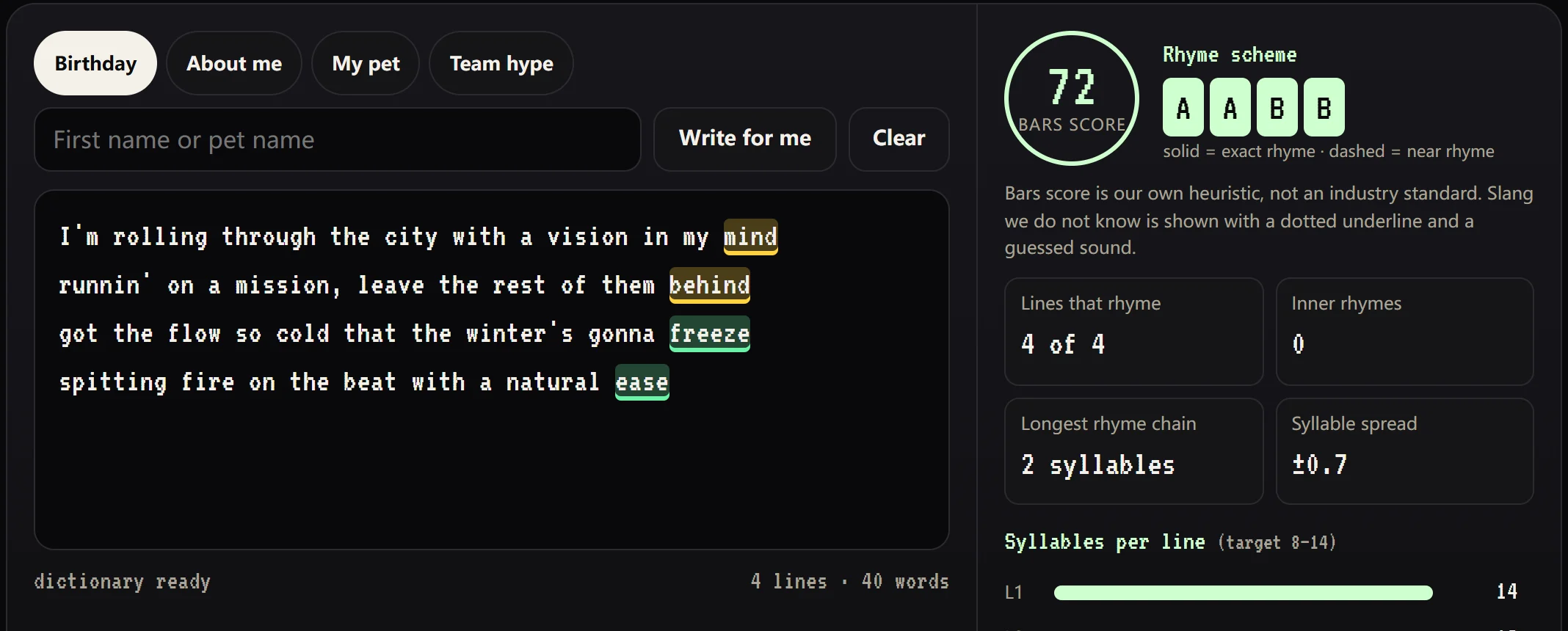 The rap rhyme checker: four lines of lyrics with the rhymes coloured, a bars score of 72 and the rhyme scheme A A B B